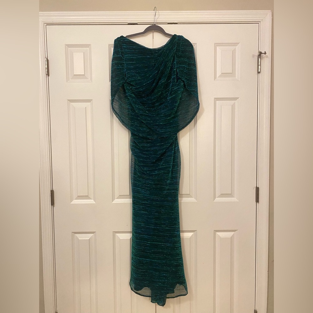 Betsy & Adam Metallic Cape Gown